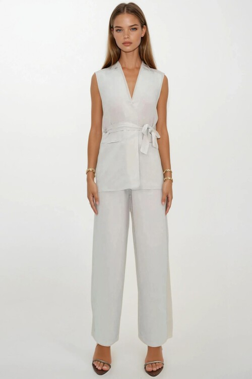 Krem Çift Cepli Bağlamalı Keten Pantolon Yelek Takım