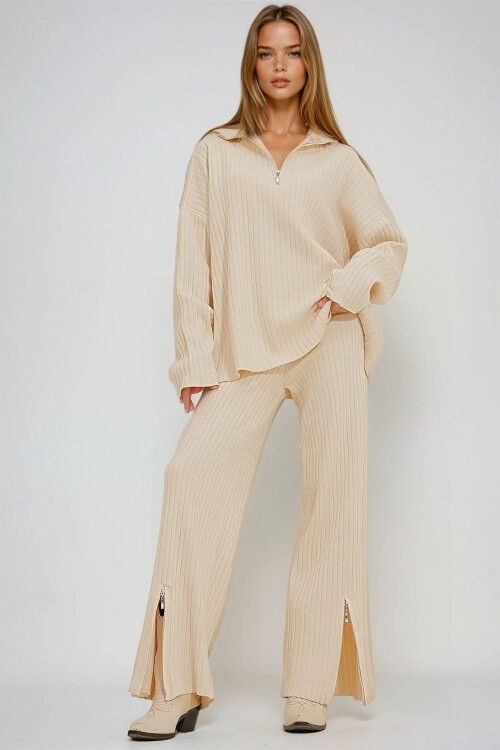 Krem Fermuar Detaylı Kazak Ve Pantolon Triko İkili Takım