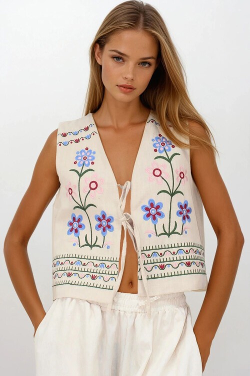 Krem Nakışlı Bağcık Detaylı Tasarım Ham Keten Yelek