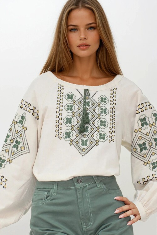 Krem Nakışlı Balon Kol Ham Keten Bluz