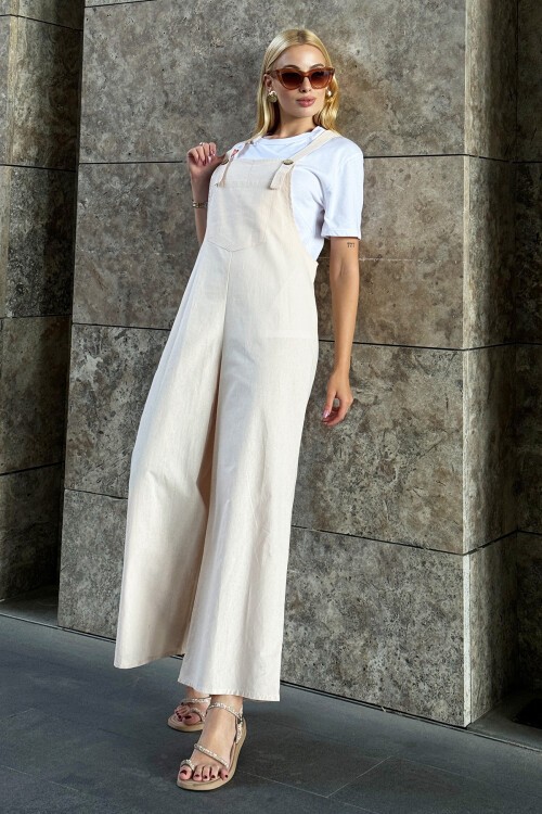 Krem Önü Cepli Askılı Gabardin Bahçıvan Tulum