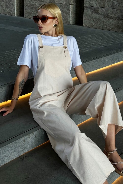 Krem Önü Cepli Askılı Gabardin Bahçıvan Tulum