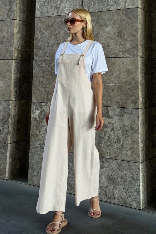 Krem Önü Cepli Askılı Gabardin Bahçıvan Tulum