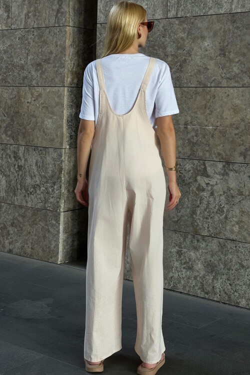 Krem Önü Cepli Askılı Gabardin Bahçıvan Tulum