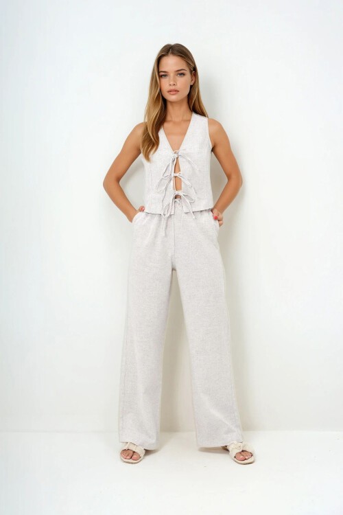 Krem Yelek Ve Pantolon Keten Takım