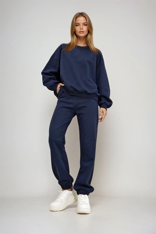Lacivert Bisiklet Yaka Beli Ve Paçası Lastikli İki İplik Basic Eşofman Takımı