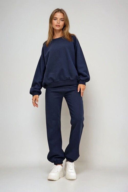 Lacivert Bisiklet Yaka Beli Ve Paçası Lastikli İki İplik Basic Eşofman Takımı