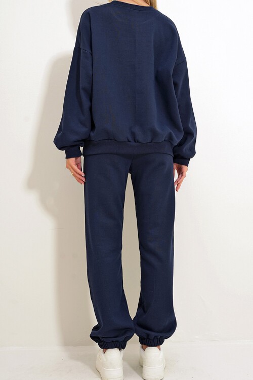 Lacivert Bisiklet Yaka Beli Ve Paçası Lastikli İki İplik Basic Eşofman Takımı