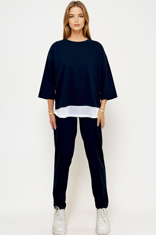 Lacivert Bisiklet Yaka Renk Garnili Bluz Ve Çift Cepli Nervür Dikişli Pantolon İkili Takım