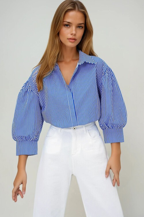 Lacivert Çizgili Balon Kol Gizli Patlı Basic Poplin Gömlek