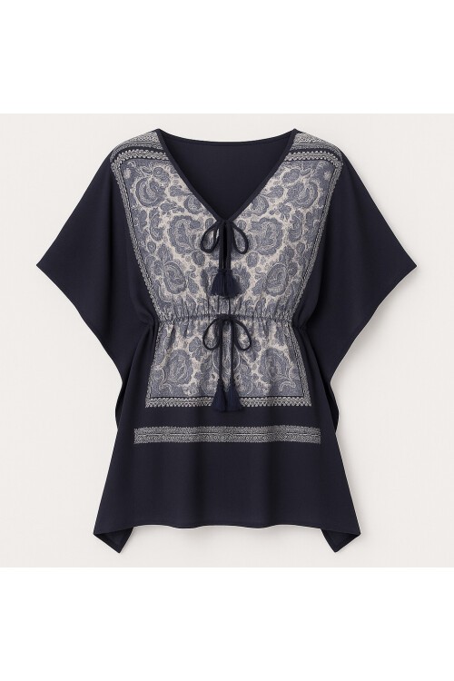 Lacivert Etnik Desenli Oversize Bağlamalı Bluz