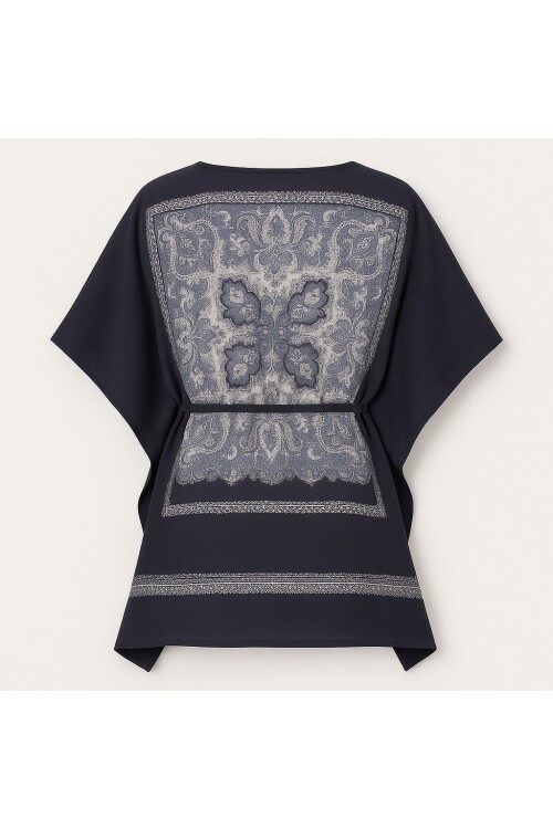 Lacivert Etnik Desenli Oversize Bağlamalı Bluz