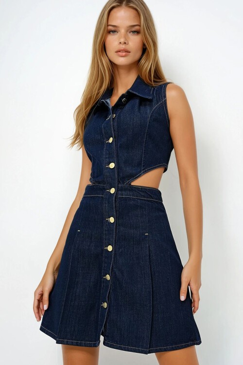 Lacivert Gömlek Yaka Sıfır Kol Cut Out Jean Elbise