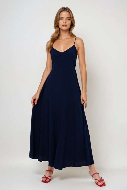 Lacivert İp Askılı Sırtı Bağlama Detaylı Maxi Boy Yazlık Elbise