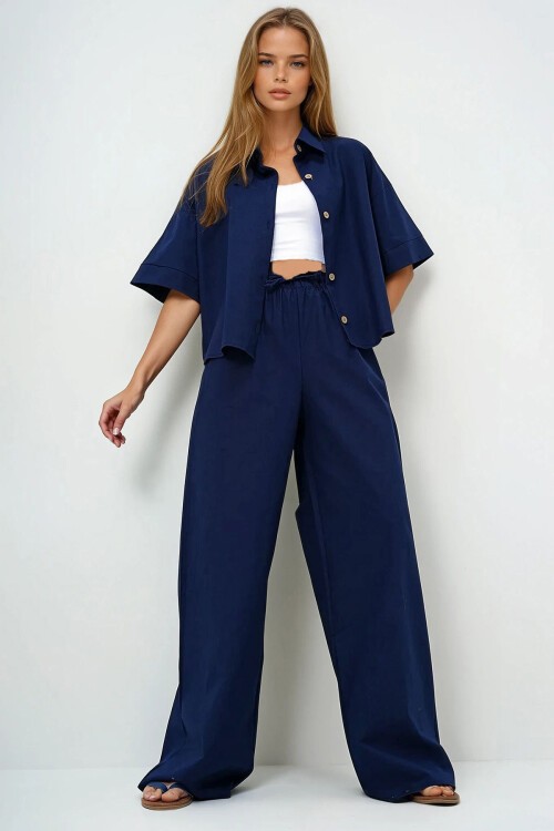 Lacivert Keten Gömlek Ve Palazzo Pantolon Takım