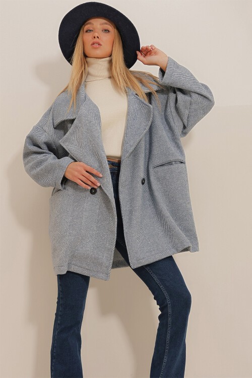 Lacivert Kruvaze Yaka Balık Sırtı Desenli Kaşe Cepli Astarsız Kaban