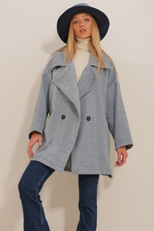 Lacivert Kruvaze Yaka Balık Sırtı Desenli Kaşe Cepli Astarsız Kaban