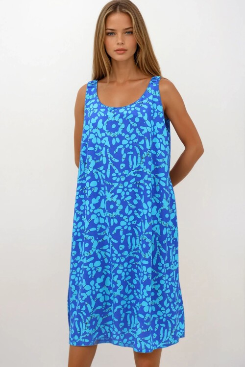 Lacivert Omuzları Lastikli Kolsuz Rahat Kesim Desenli Elbise