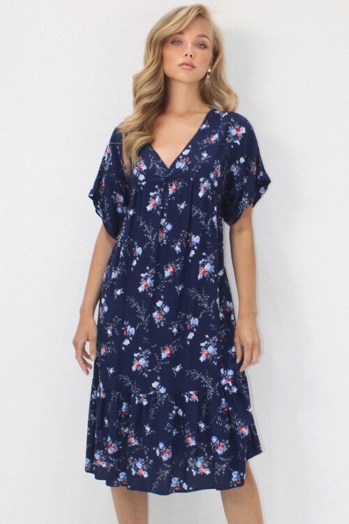 Lacivert V Yaka Double Kol Desenli Rahat Kesim Çift Cepli Dokuma Viskon Elbise