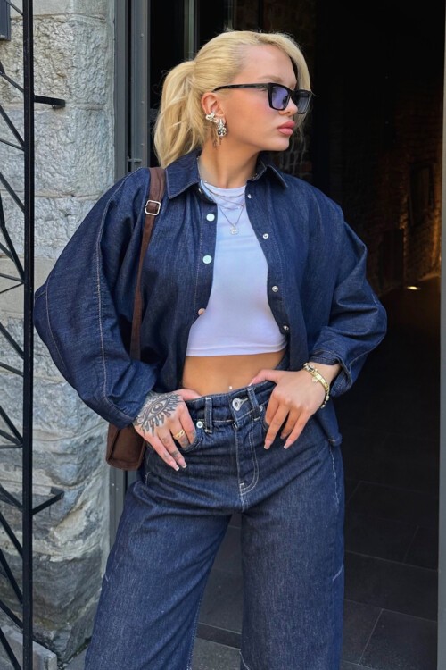 Lacivert Yarasa Kollu Patlı Oversize Gömlek Ceket