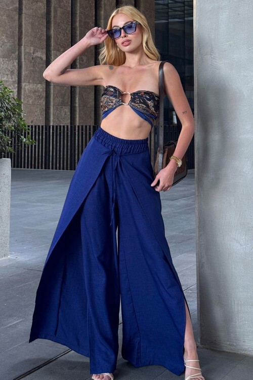 Lacivert Yırtmaç Detaylı Beli Lastikli Palazzo Pantolon