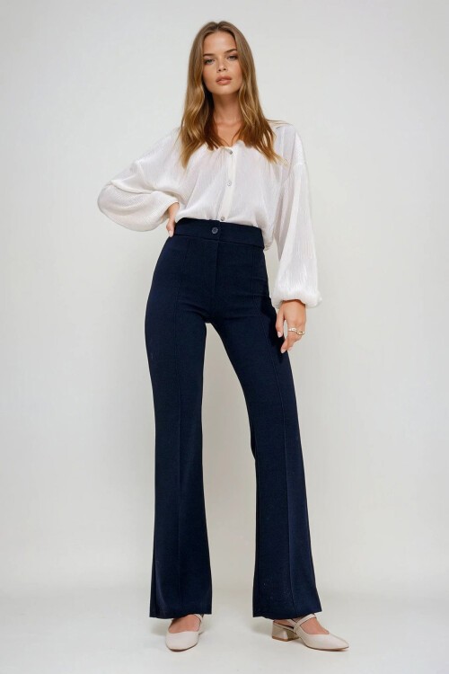 Lacivert Yüksek Bel Önü Çimalı Bol Paça Likralı Pantolon