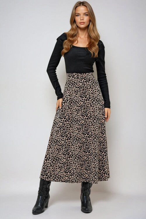Leopar Beli Lastikli Süet Dokulu Leopar Desenli Uzun Etek