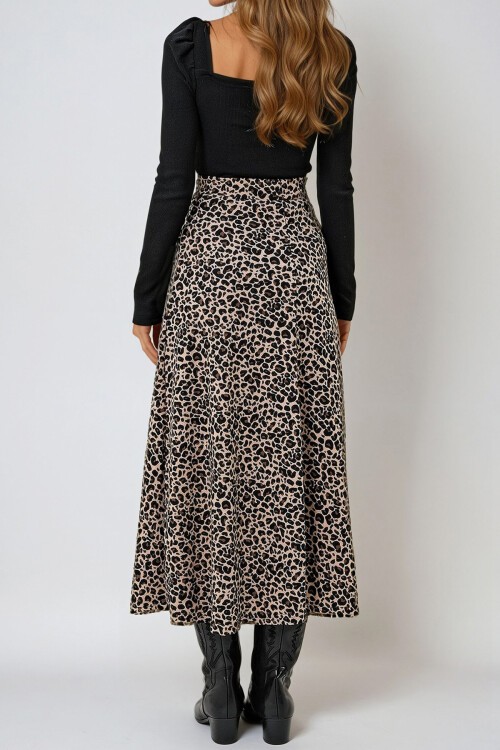 Leopar Beli Lastikli Süet Dokulu Leopar Desenli Uzun Etek
