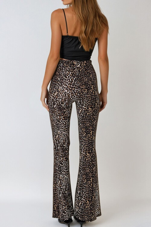 Leopar Yüksek Bel Likralı Leopar Desenli İspanyol Paça Tayt Pantolon