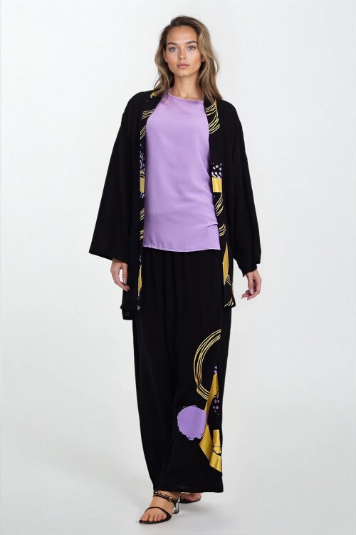 Lila Desenli Kimono Bluz Ve Pantolon Büyük Beden Alt Üst Takım