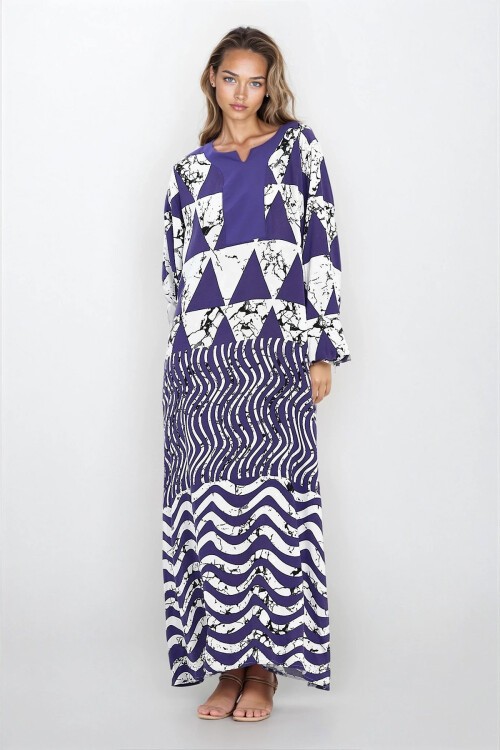 Lila Kolları Lastikli Çift Cepli Büyük Beden Elbise