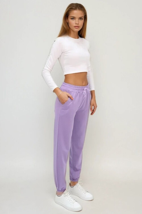 Lila Paçası Lastikli İki İplik Eşofman Altı