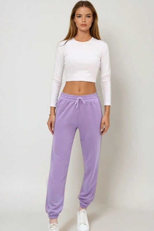 Lila Paçası Lastikli İki İplik Eşofman Altı