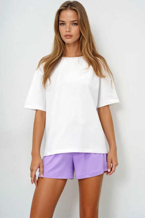 Lila Pamuklu Basic T Shırt Ve Bağlamalı Şortlu Penye Alt Üst Takım