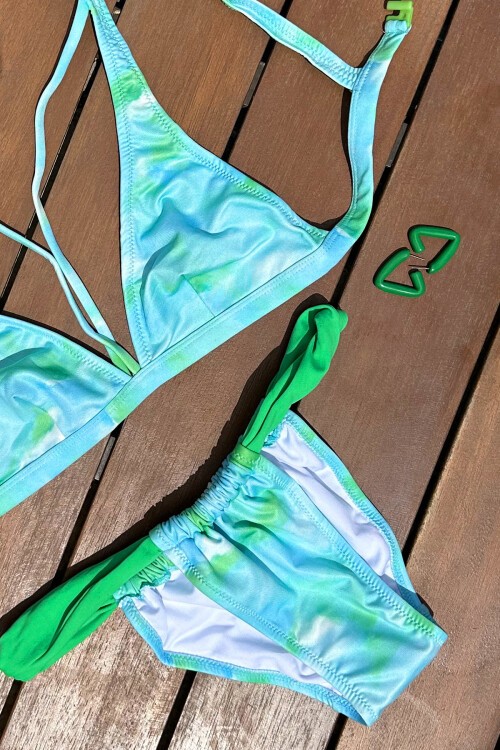 Mavi Batik Desenli İp Detaylı Bikini