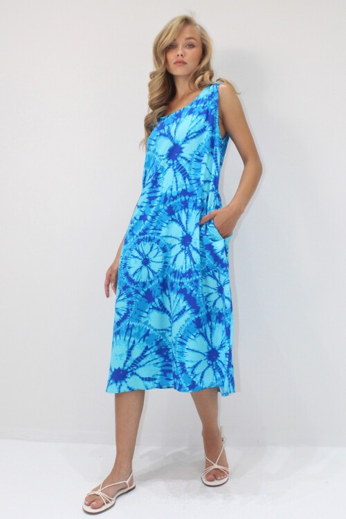 Mavi Bisiklet Yaka Çift Cepli Batik Desenli A Form Midi Boy Dokuma Viskon Elbise