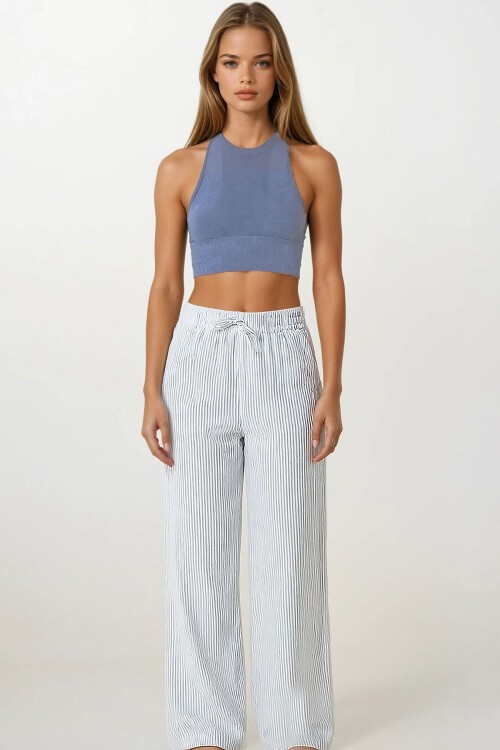 Mavi Çift Cepli Çizgili Müslin Palazzo Pantolon