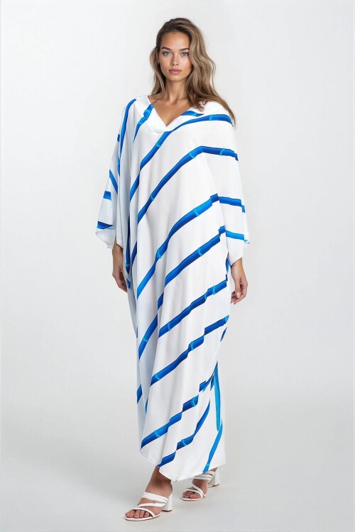 Mavi Çizgi Desenli V Yaka Büyük Beden Viskon Elbise