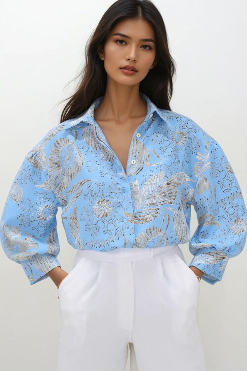 Mavi Desenli Balon Kol Gizli Patlı Gömlek