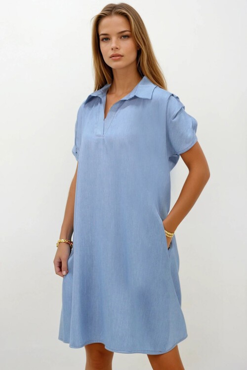 Mavi Gömlek Yaka Kumaş Omuz Pile Detaylı Kısa Kol Dokuma Elbise