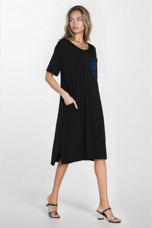 Mavi Kayık Yaka Cepli Büyük Beden Viskon Elbise