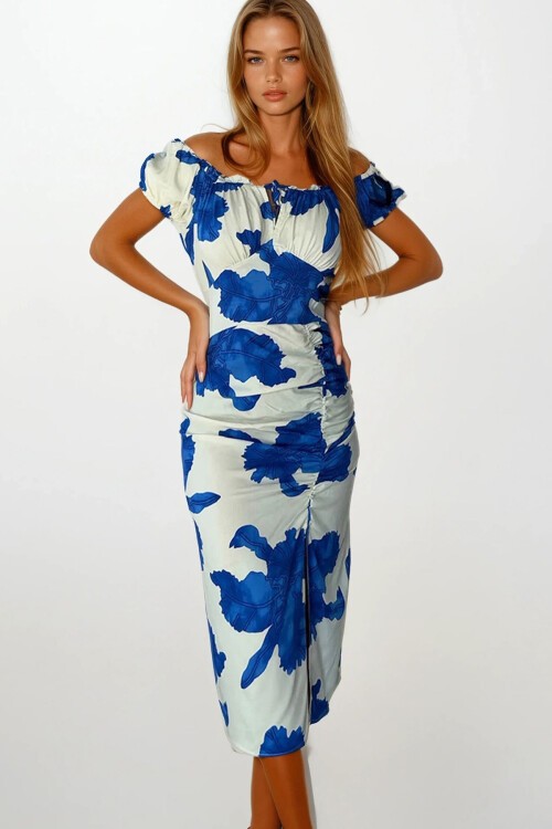 Mavi Madonna Yaka Çiçek Desenli Yırtmaç Detaylı Fermuarlı Elbise