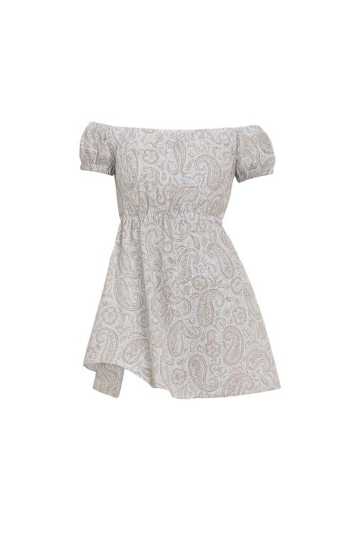 Mavi Madonna Yaka Karpuz Kollu Desenli Krinkıl Örme Elbise