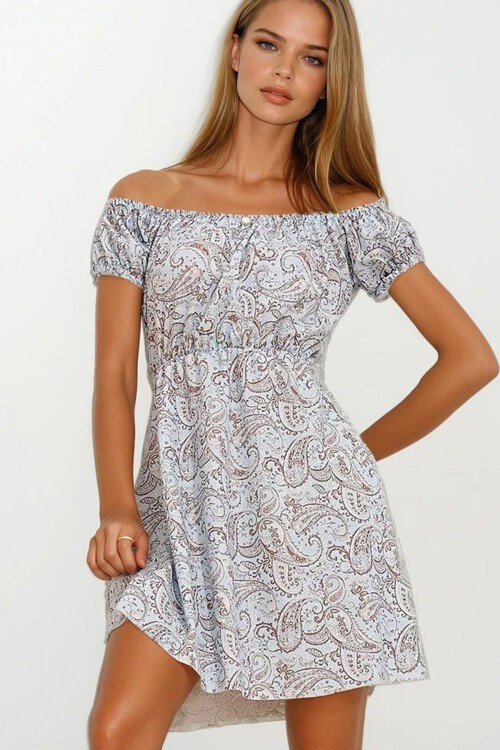 Mavi Madonna Yaka Karpuz Kollu Desenli Krinkıl Örme Elbise