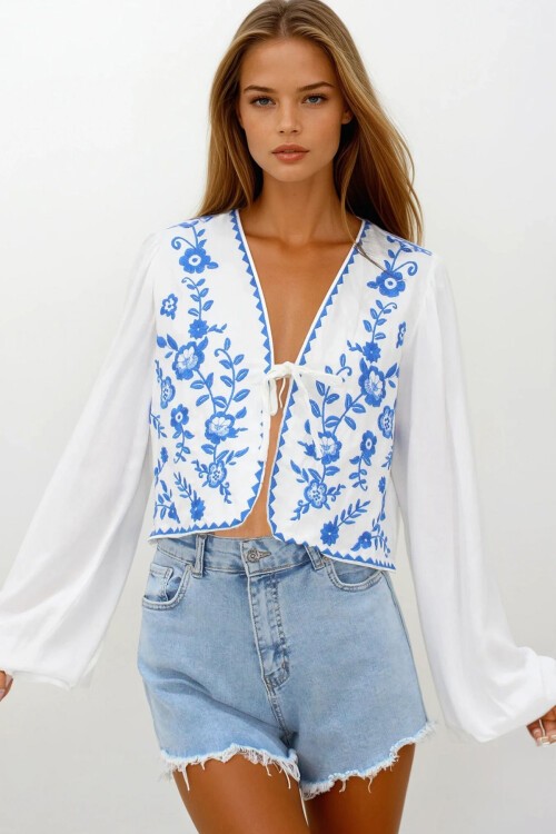 Mavi Nakışlı Bağlamalı Ceten Crop Ceket