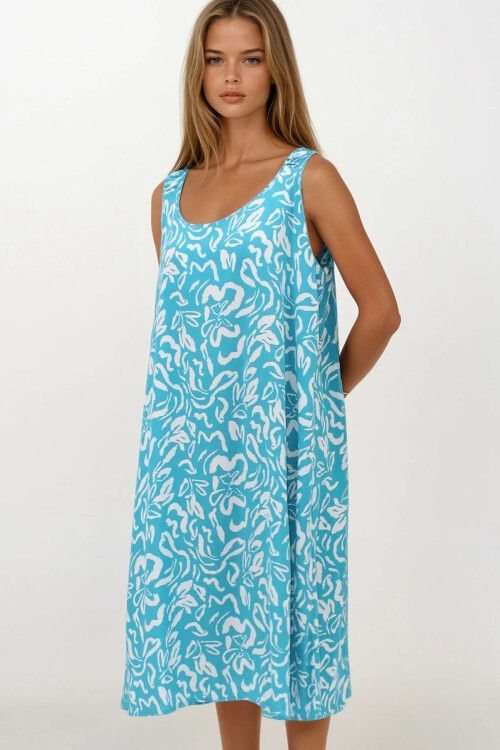 Mavi Omuzları Lastikli Kolsuz Rahat Kesim Desenli Elbise