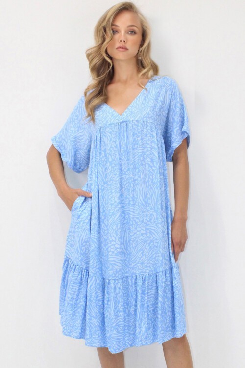 Mavi V Yaka Double Kol Desenli Rahat Kesim Çift Cepli Dokuma Viskon Elbise