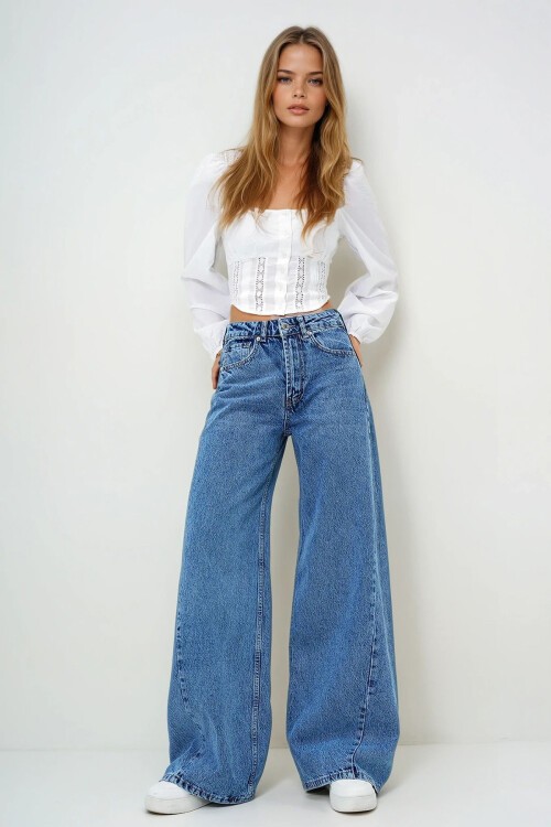 Mavi Yüksek Bel Vintage Yıkamalı Buggy Kesim Jean Pantolon