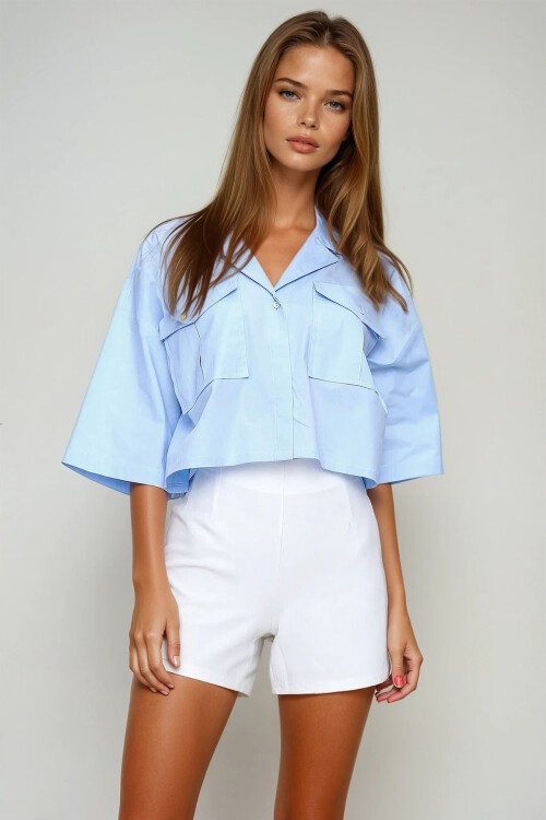 Mavi Zarf Cepli Crop Poplin Gömlek