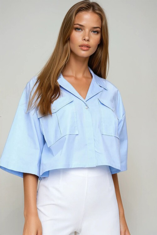 Mavi Zarf Cepli Crop Poplin Gömlek